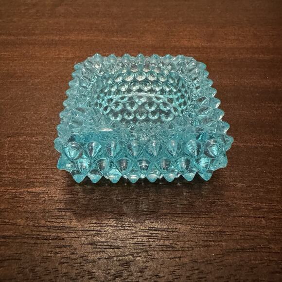 Vintage Blue Hobnail Glass Salt Cellar Square Ashtray Trinket Dish Retro MCM VTG - Picture 10 of 14